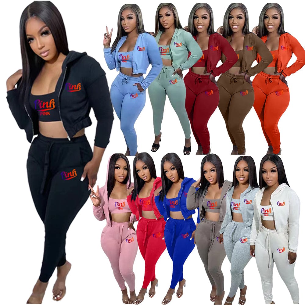 Trendy Women Clothes Casual Print Gradient Patchwork Sweatsuit Hooded Collar Long Sleeve Three Pieces