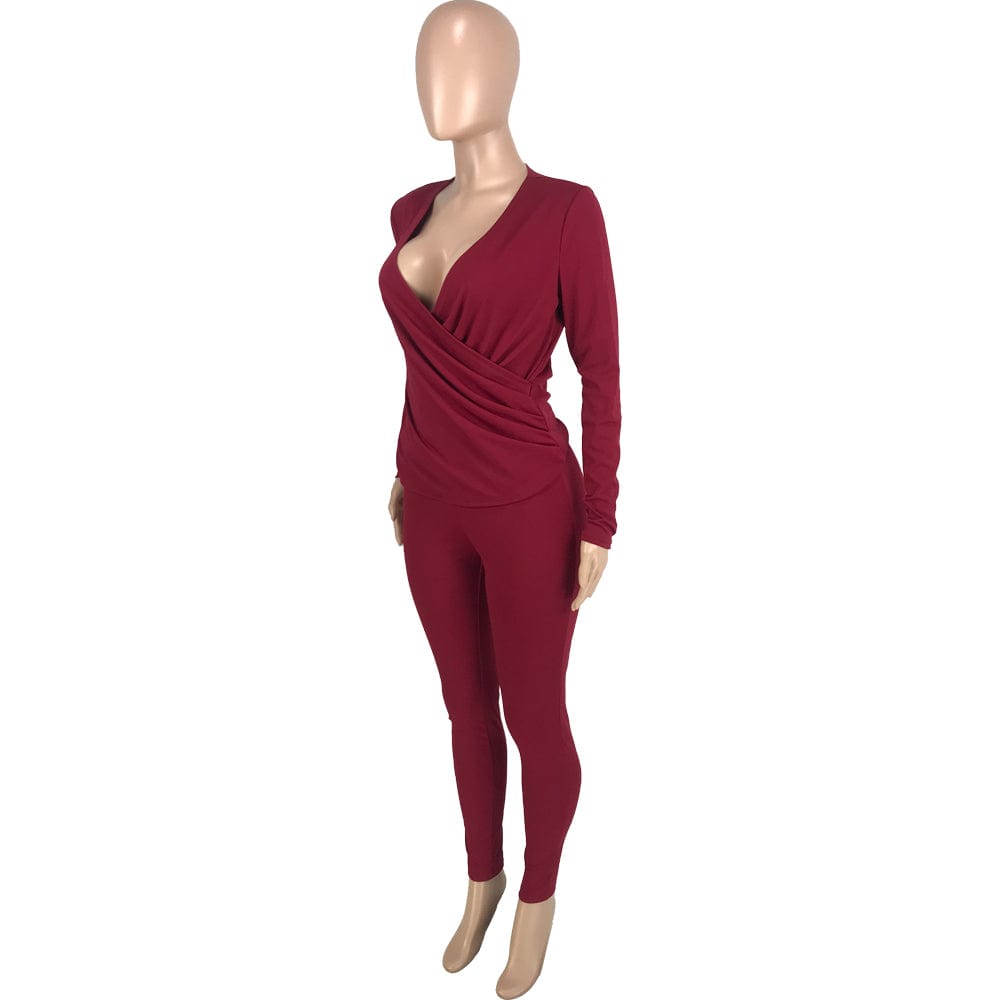 Trendy Women Clothes Casual Sexy Solid Color V-neck Cross Pleated Loose Tops Trousers Two Piece Set