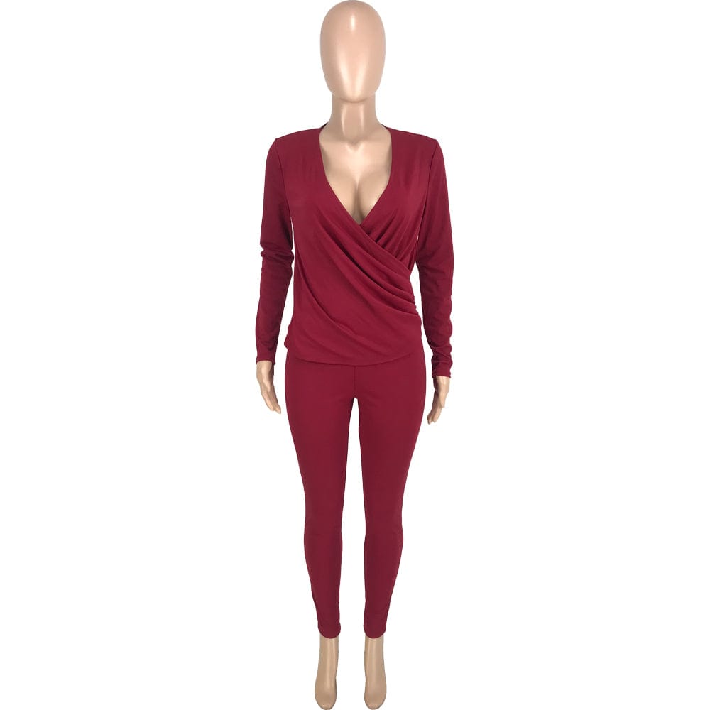 Trendy Women Clothes Casual Sexy Solid Color V-neck Cross Pleated Loose Tops Trousers Two Piece Set