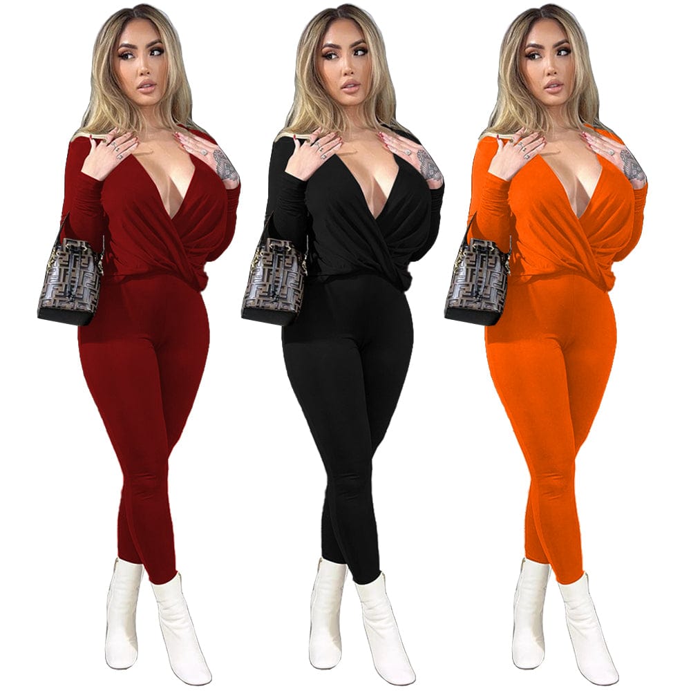 Trendy Women Clothes Casual Sexy Solid Color V-neck Cross Pleated Loose Tops Trousers Two Piece Set