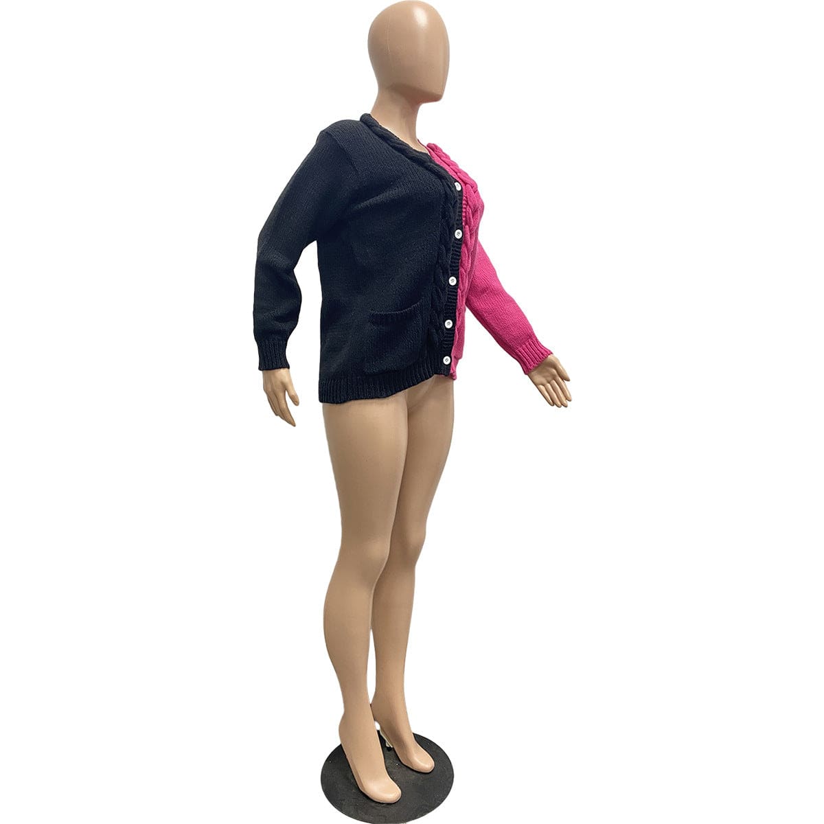 Trendy Women Clothes Casual Solid Contrasting Color Stitching Hand Knitted Sweater Cardigan with Pocket