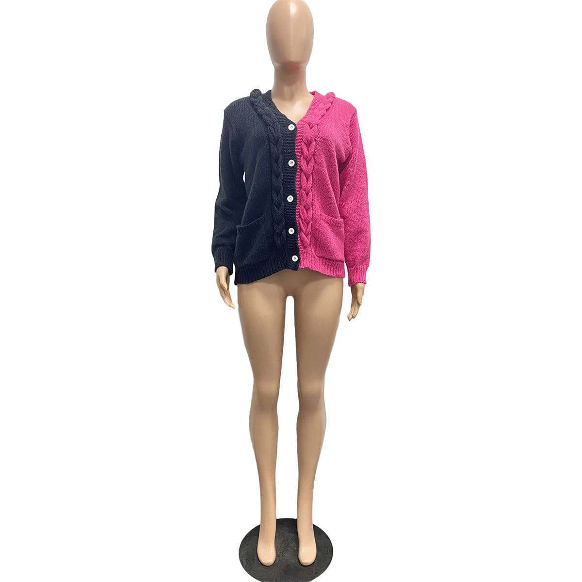 Trendy Women Clothes Casual Solid Contrasting Color Stitching Hand Knitted Sweater Cardigan with Pocket
