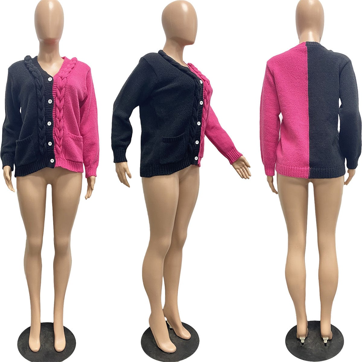 Trendy Women Clothes Casual Solid Contrasting Color Stitching Hand Knitted Sweater Cardigan with Pocket