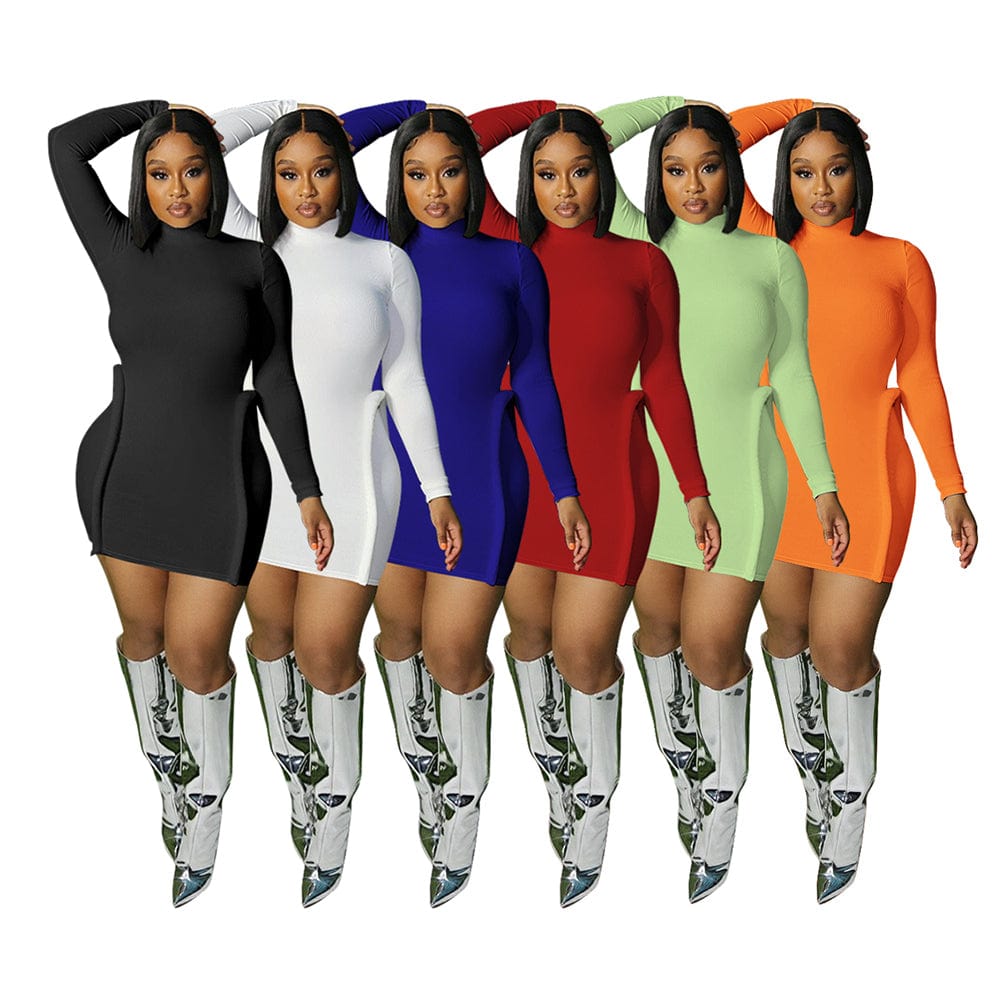 Trendy Women Clothes Fall New Women's Black High Collar Short Dress Ribbed Tight Fitting Long Sleeve Mini Dress