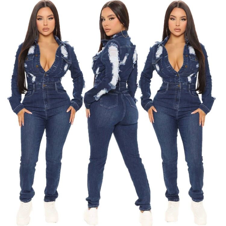 Trendy Women Clothes Fashion Casual Turndown Neck Long Sleeve Denim Ripped Jumpsuit