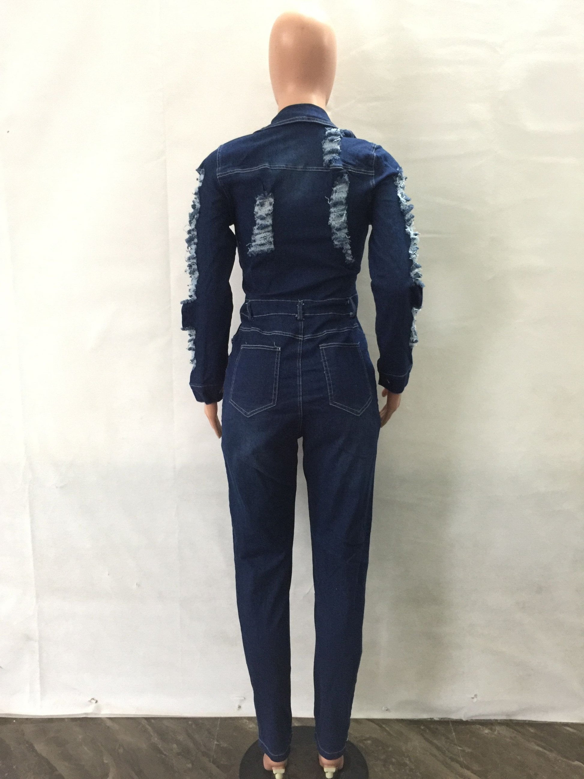 Trendy Women Clothes Fashion Casual Turndown Neck Long Sleeve Denim Ripped Jumpsuit
