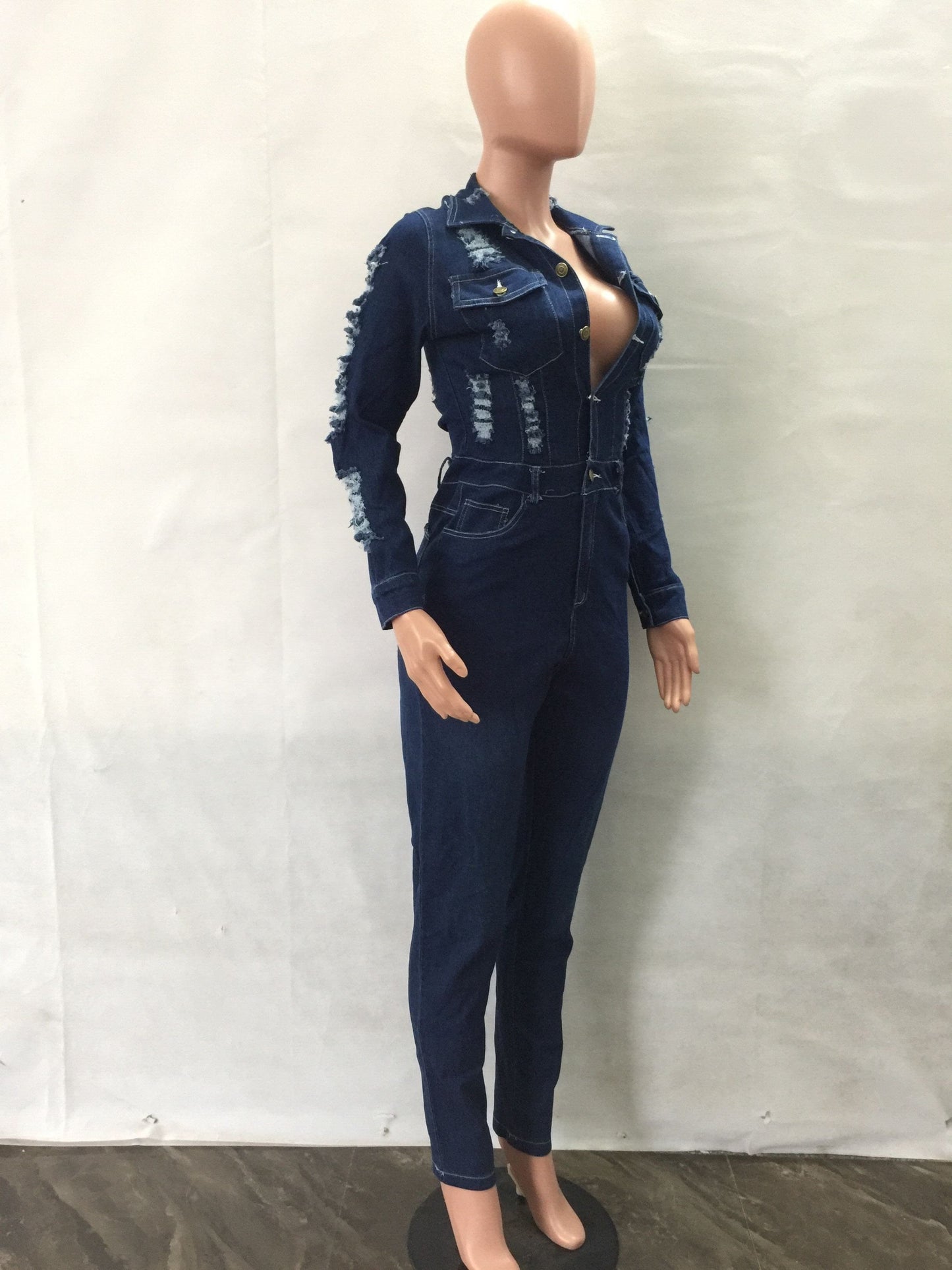 Trendy Women Clothes Fashion Casual Turndown Neck Long Sleeve Denim Ripped Jumpsuit