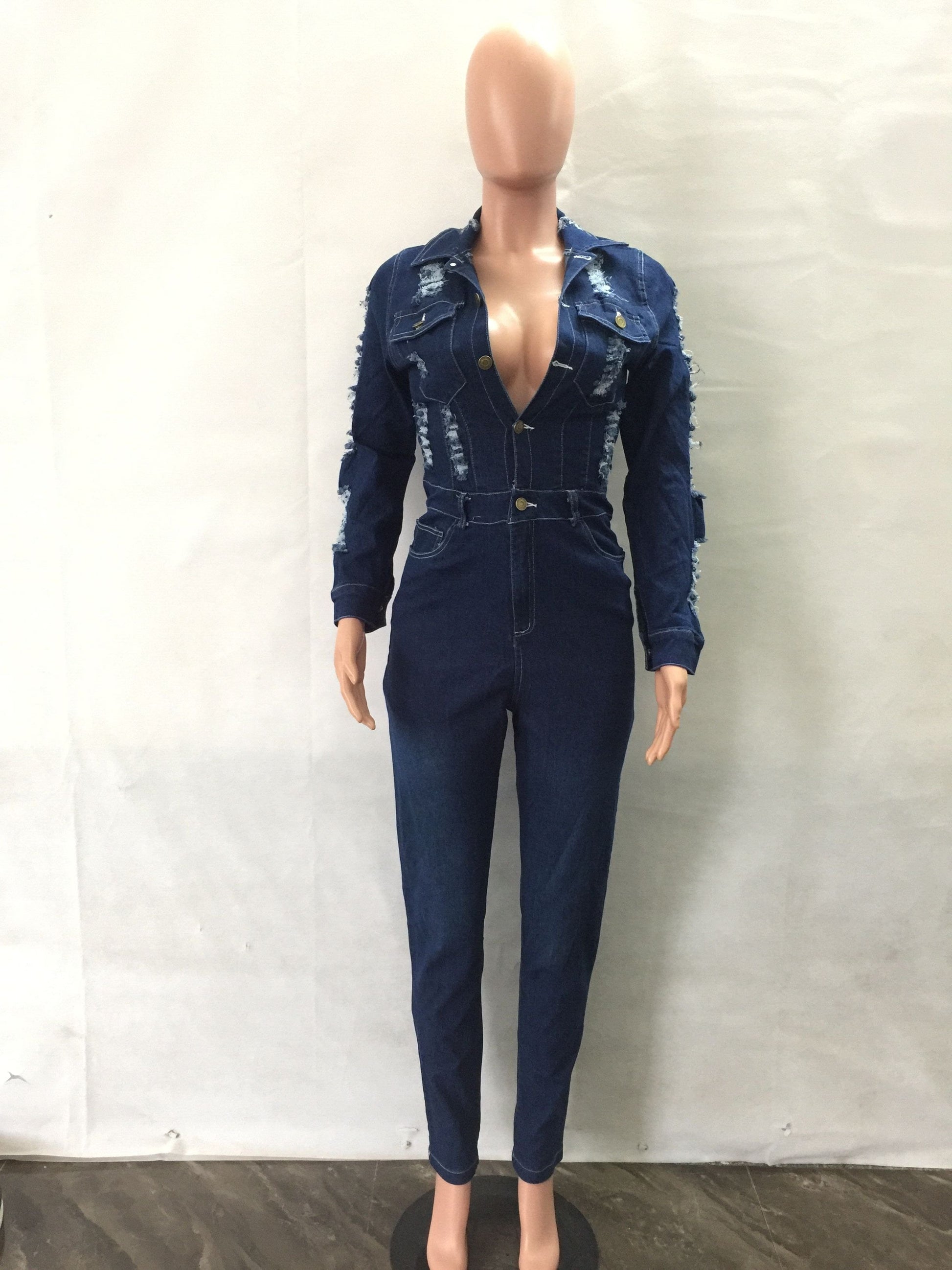 Trendy Women Clothes Fashion Casual Turndown Neck Long Sleeve Denim Ripped Jumpsuit