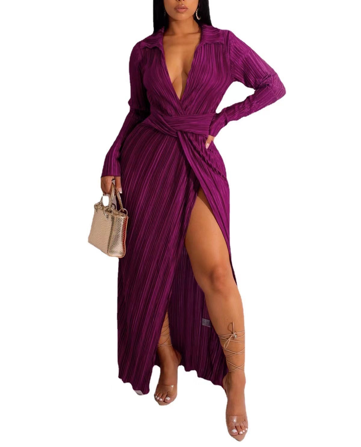 Trendy Women Clothes Fashion Dresses  Split Dress V Neck Long Sleeve Fall Winter Sexy Women Maxi Pleated Dresses
