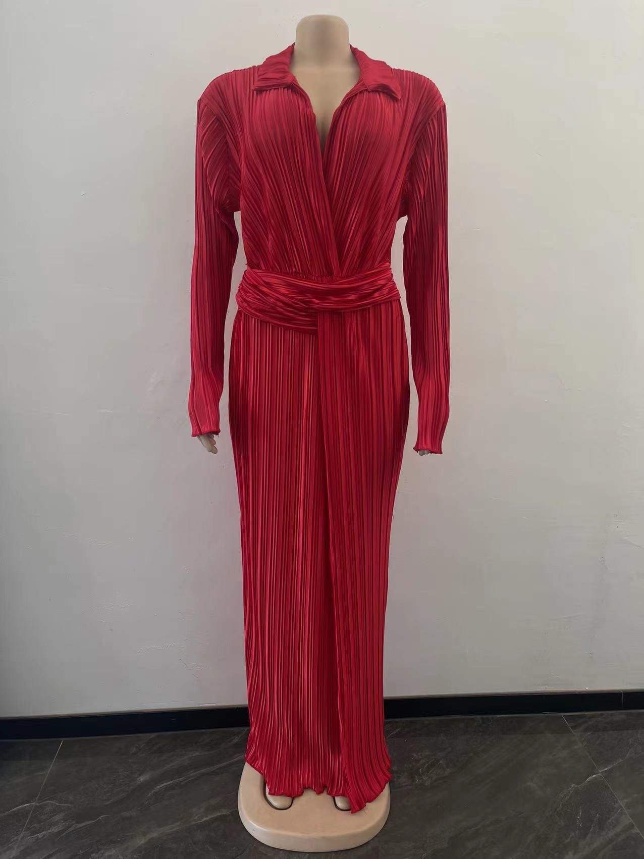 Trendy Women Clothes Fashion Dresses  Split Dress V Neck Long Sleeve Fall Winter Sexy Women Maxi Pleated Dresses