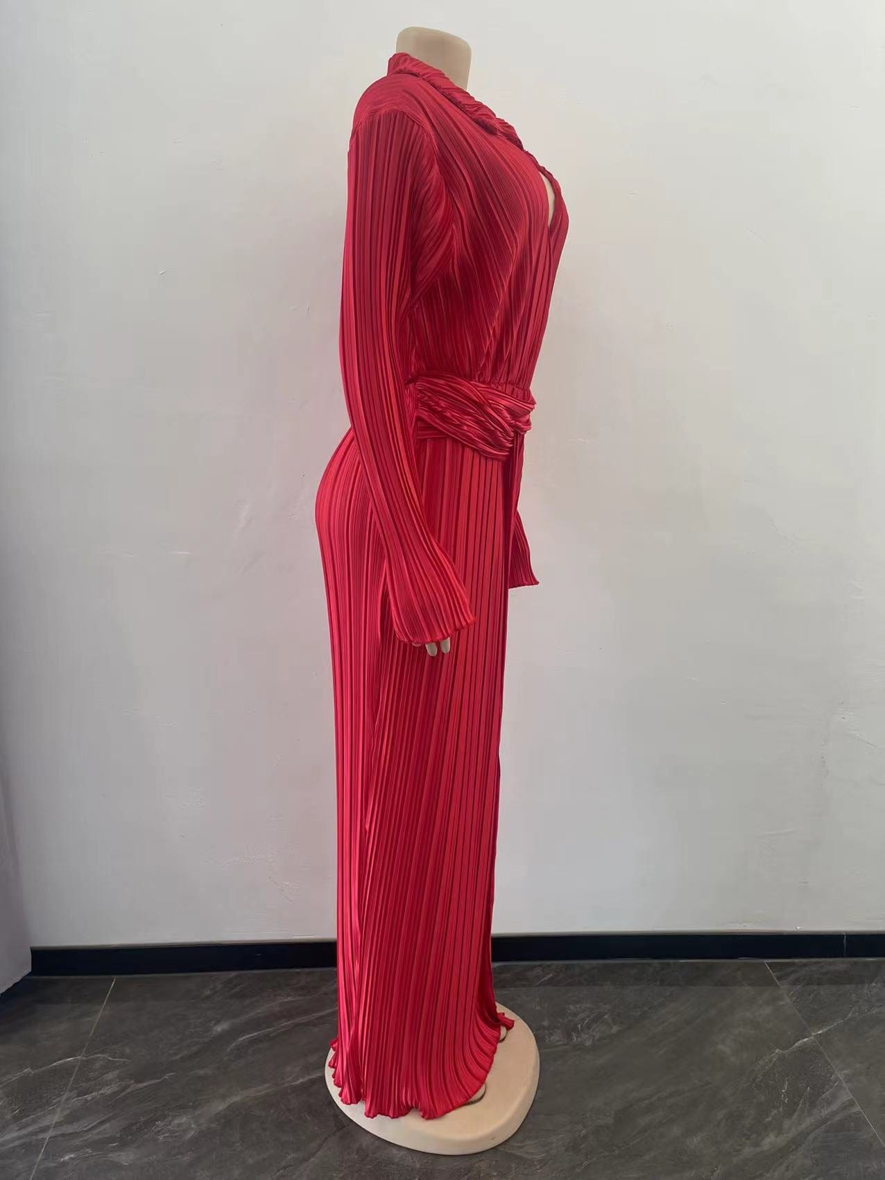 Trendy Women Clothes Fashion Dresses  Split Dress V Neck Long Sleeve Fall Winter Sexy Women Maxi Pleated Dresses