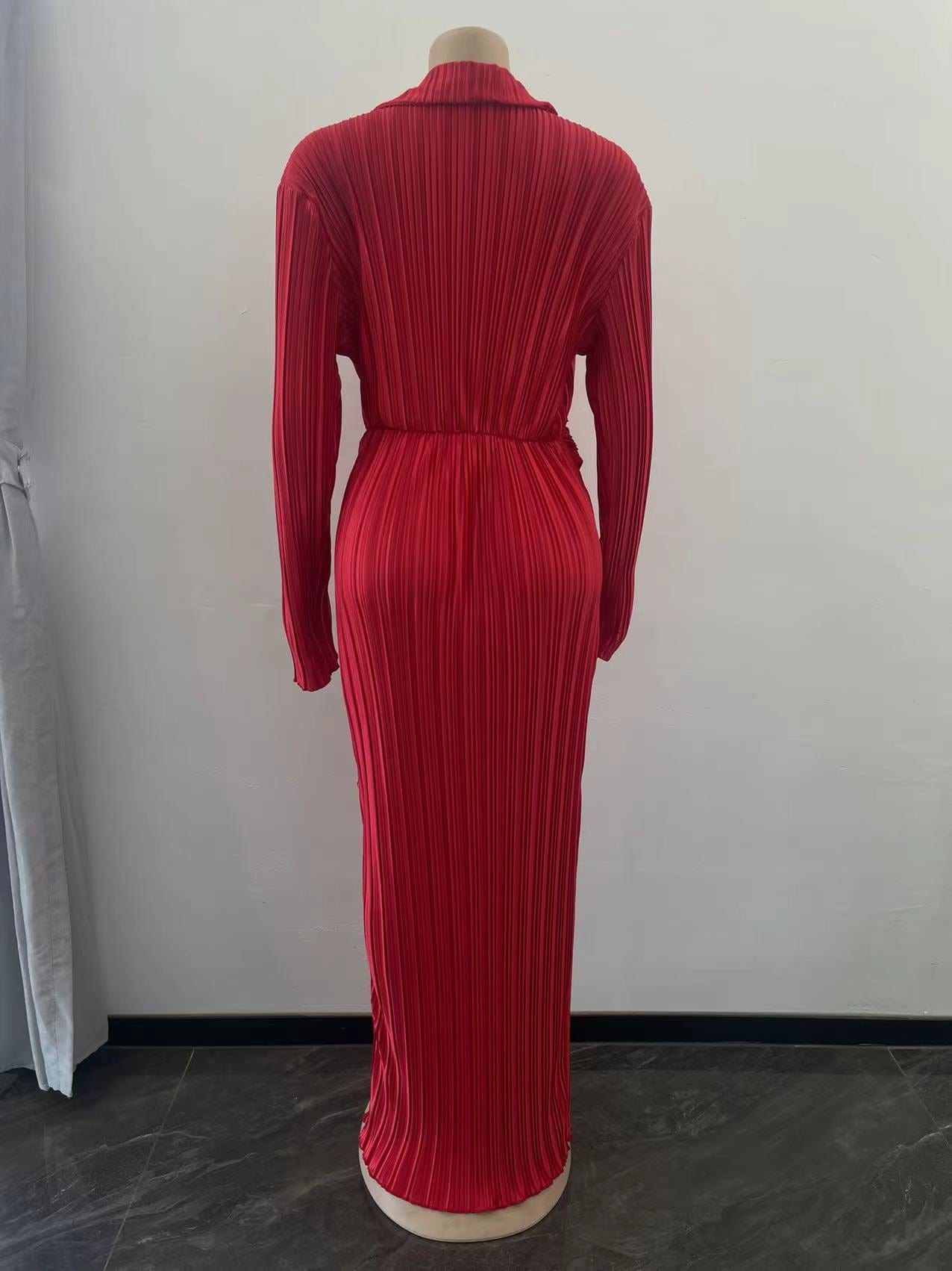Trendy Women Clothes Fashion Dresses  Split Dress V Neck Long Sleeve Fall Winter Sexy Women Maxi Pleated Dresses