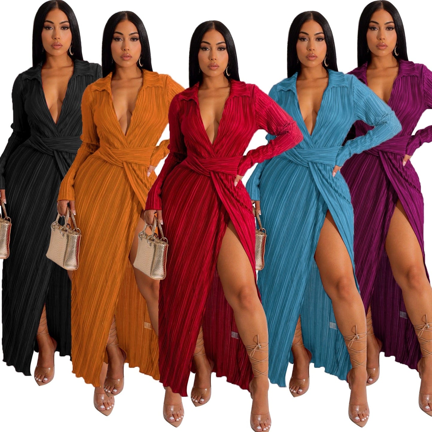 Trendy Women Clothes Fashion Dresses  Split Dress V Neck Long Sleeve Fall Winter Sexy Women Maxi Pleated Dresses