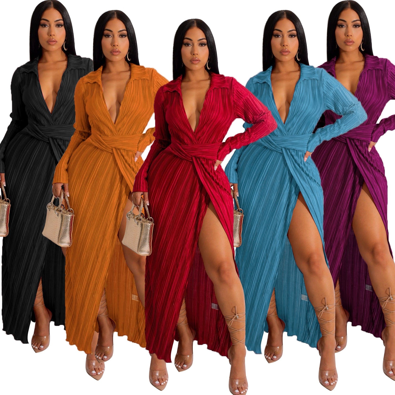 Trendy Women Clothes Fashion Dresses  Split Dress V Neck Long Sleeve Fall Winter Sexy Women Maxi Pleated Dresses