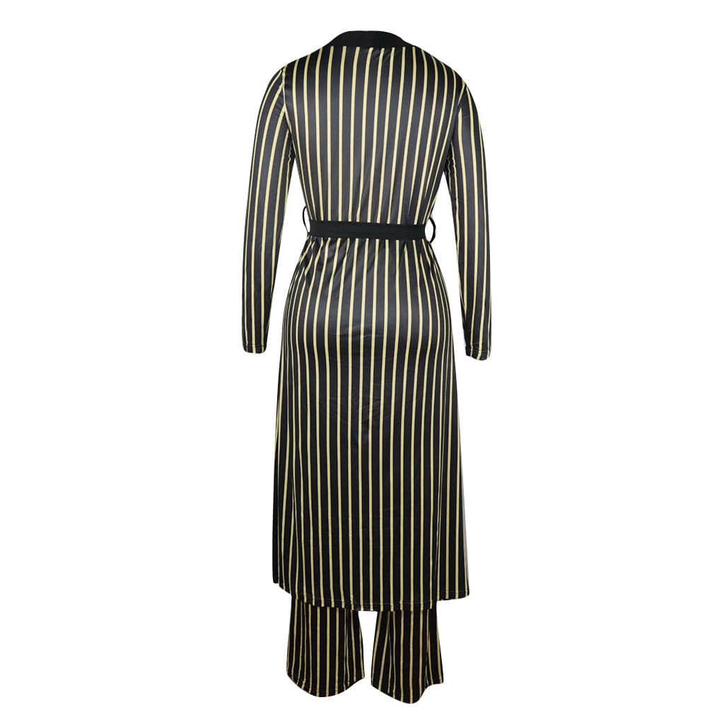 Trendy Women Clothes Fashion Stripe Print Long Sleeve Pant Two Piece Set(With Waist Belt)
