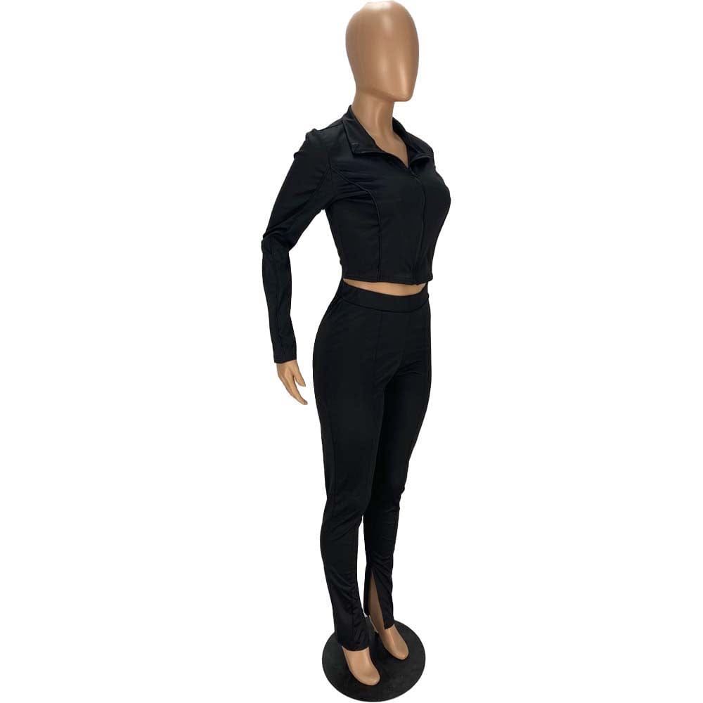 Trendy Women Clothes Fashionable Casual Turn down Neck Zip Up Top & Slits Trousers