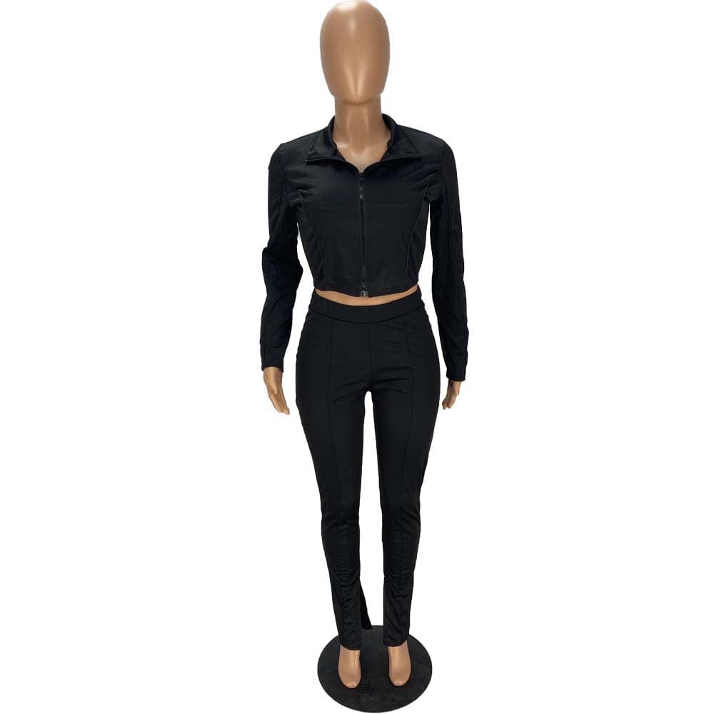 Trendy Women Clothes Fashionable Casual Turn down Neck Zip Up Top & Slits Trousers