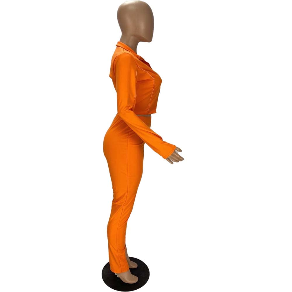 Trendy Women Clothes Fashionable Casual Turn down Neck Zip Up Top & Slits Trousers