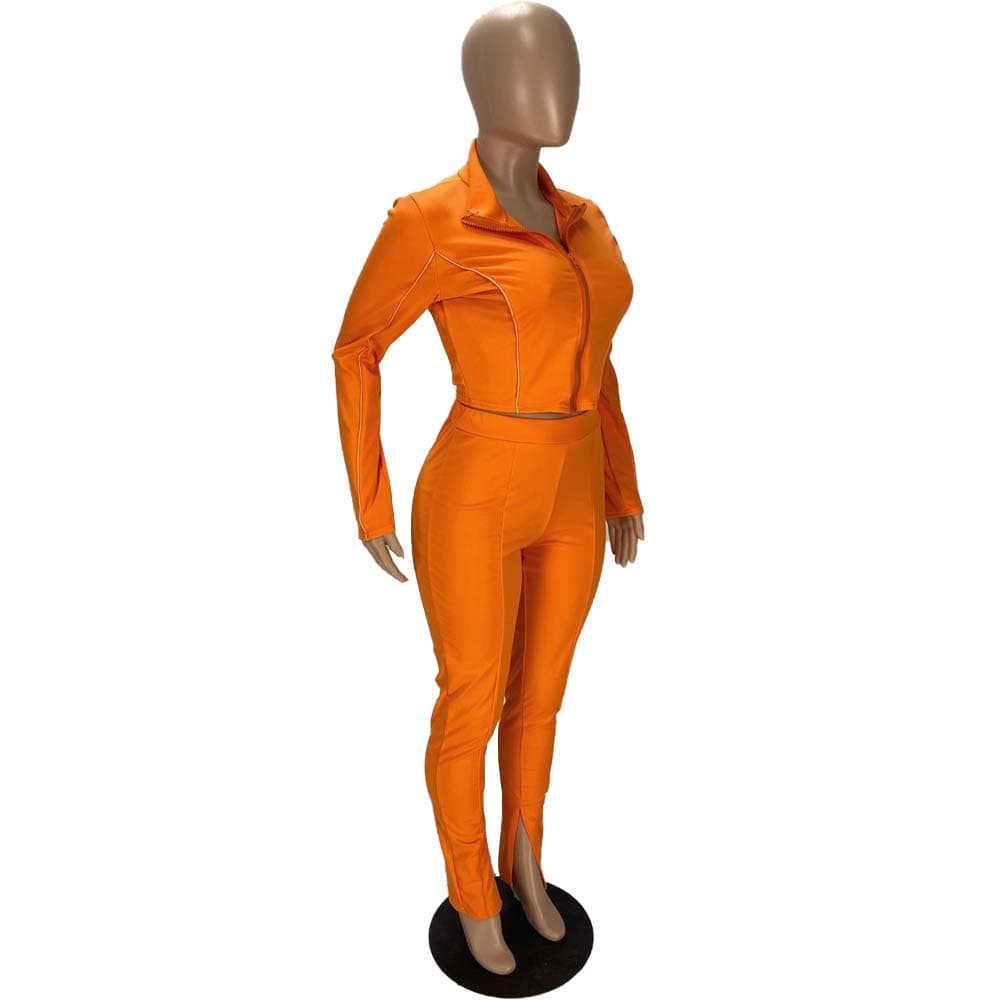 Trendy Women Clothes Fashionable Casual Turn down Neck Zip Up Top & Slits Trousers