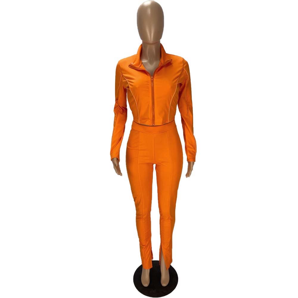 Trendy Women Clothes Fashionable Casual Turn down Neck Zip Up Top & Slits Trousers