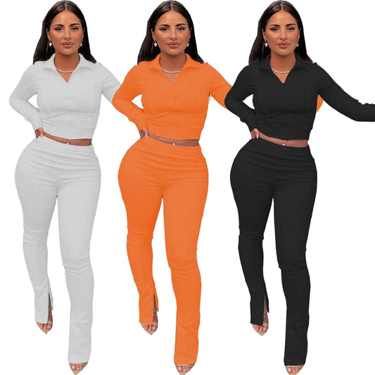 Trendy Women Clothes Fashionable Casual Turn down Neck Zip Up Top & Slits Trousers