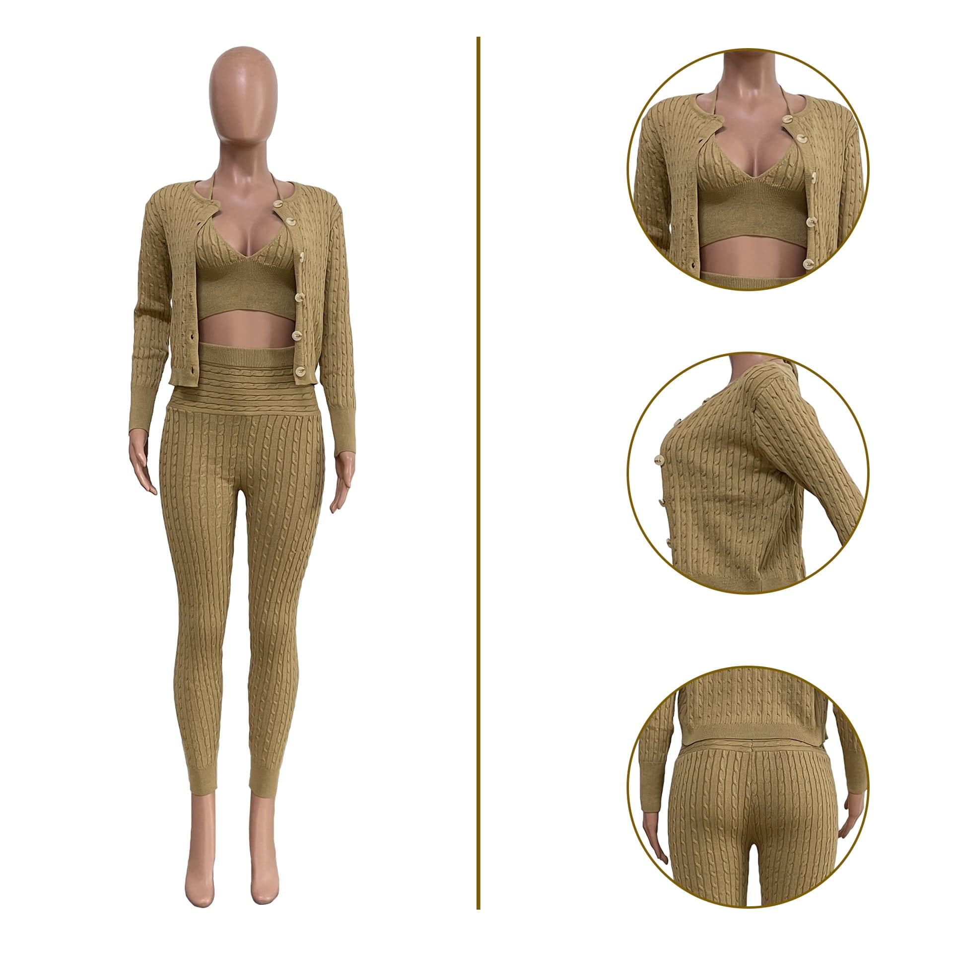 Trendy Women Clothes Halter Vest Long Pants Long Sleeve Cardigan Coat Casual Slim Fit 3 Pieces Sets Women Suits