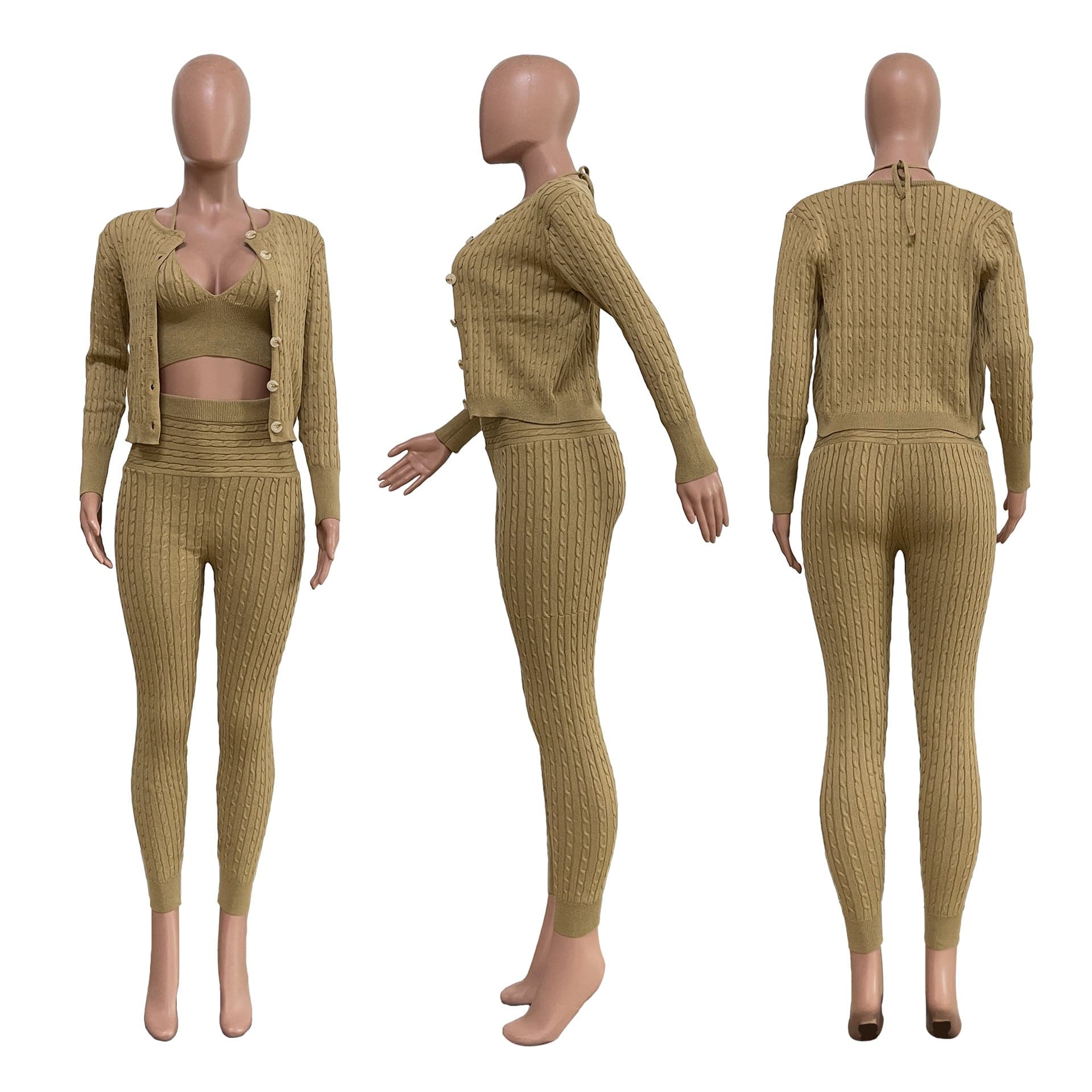 Trendy Women Clothes Halter Vest Long Pants Long Sleeve Cardigan Coat Casual Slim Fit 3 Pieces Sets Women Suits