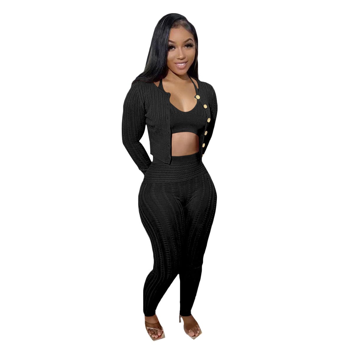 Trendy Women Clothes Halter Vest Long Pants Long Sleeve Cardigan Coat Casual Slim Fit 3 Pieces Sets Women Suits