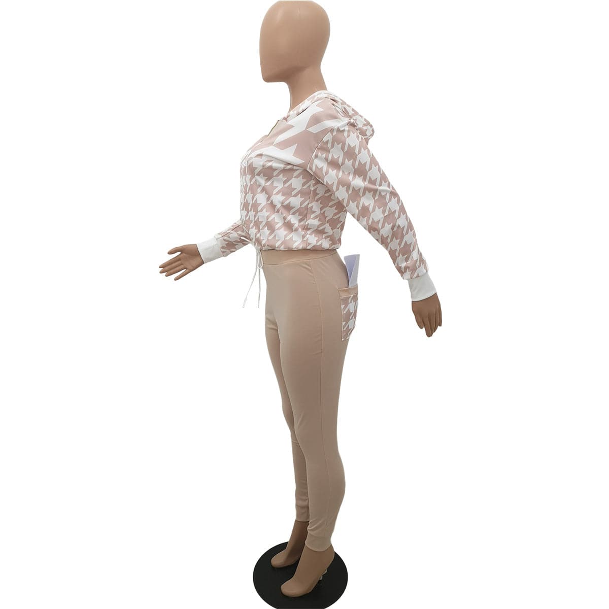 Trendy Women Clothes Houndstooth Print Hooded Long Sleeve Pant Two Piece Set