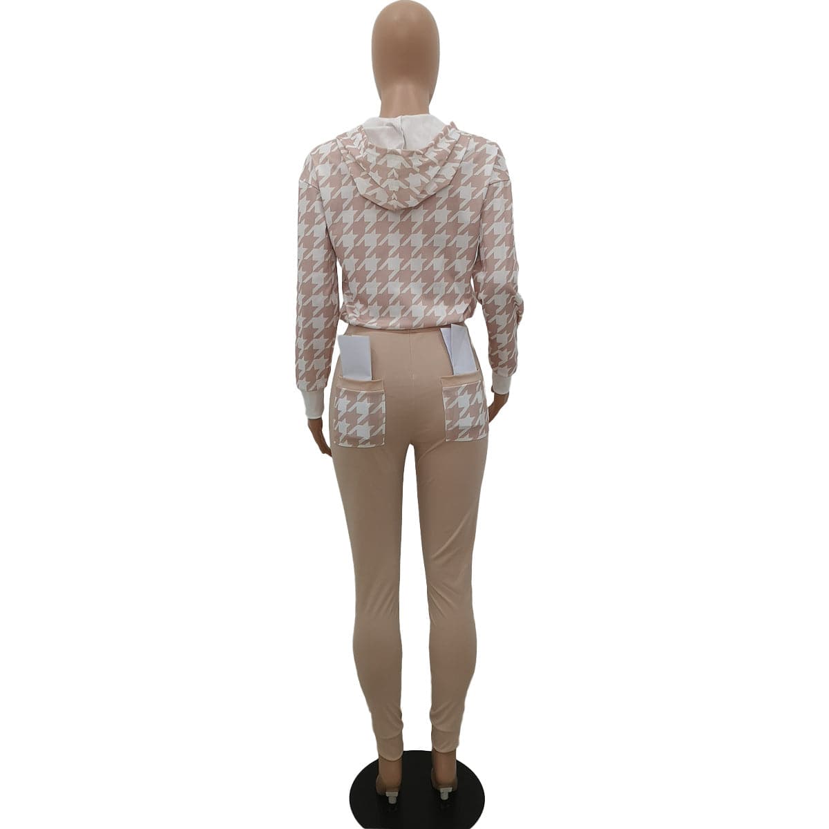 Trendy Women Clothes Houndstooth Print Hooded Long Sleeve Pant Two Piece Set
