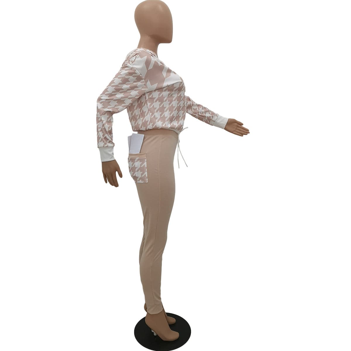 Trendy Women Clothes Houndstooth Print Hooded Long Sleeve Pant Two Piece Set