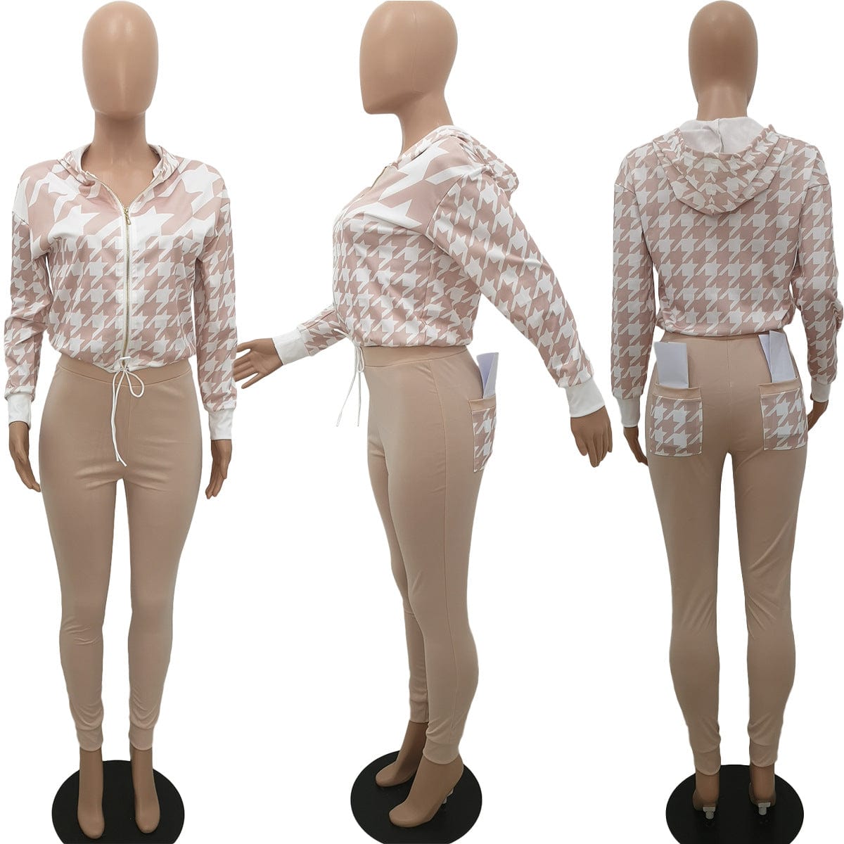 Trendy Women Clothes Houndstooth Print Hooded Long Sleeve Pant Two Piece Set