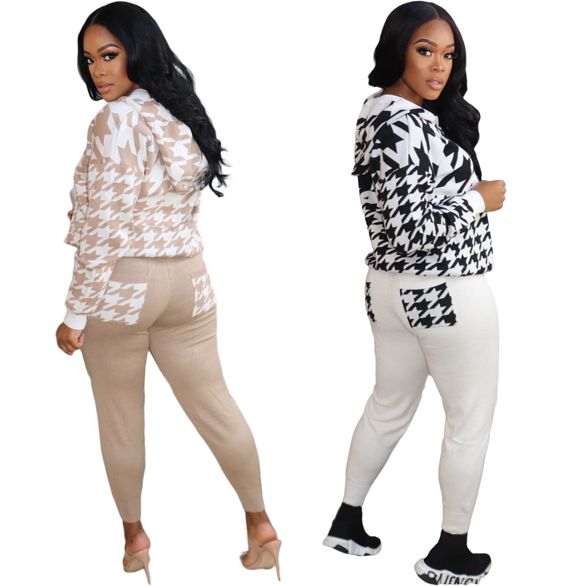 Trendy Women Clothes Houndstooth Print Hooded Long Sleeve Pant Two Piece Set