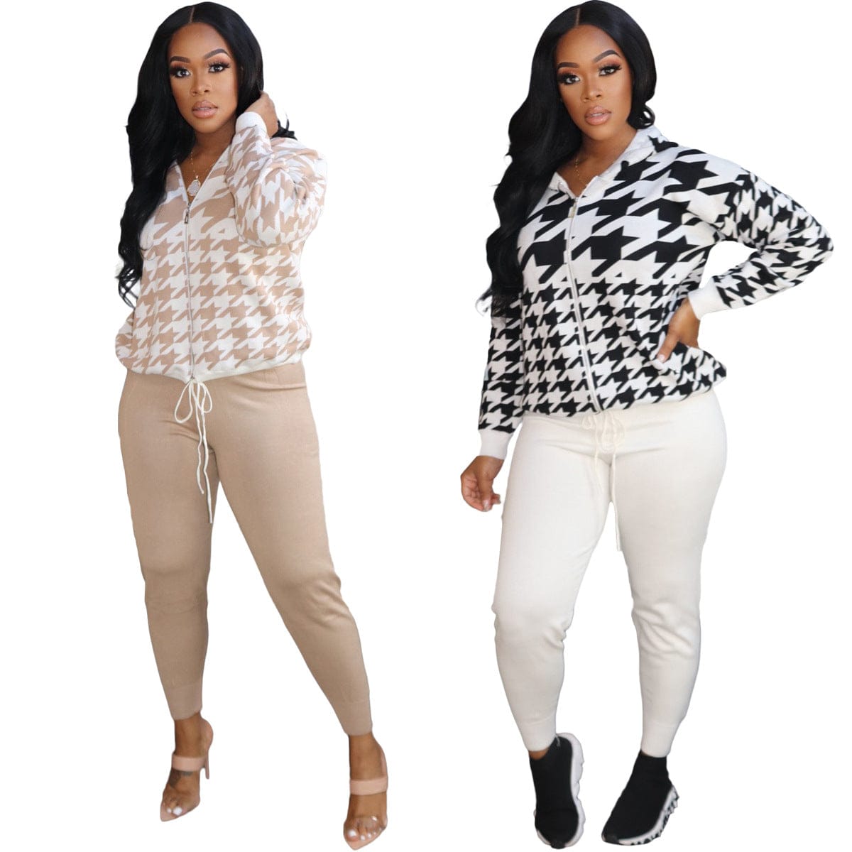 Trendy Women Clothes Houndstooth Print Hooded Long Sleeve Pant Two Piece Set