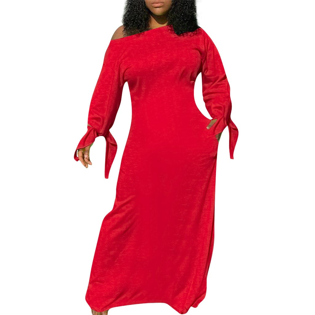 Trendy Women Clothes New Stylish Women Oblique Shoulder Long Sleeves Solid Casual Long Dress Club