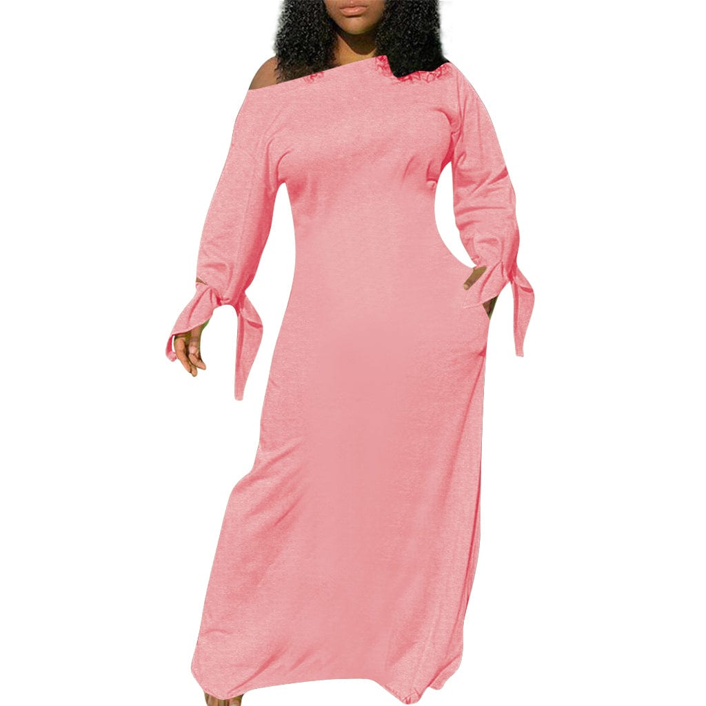 Trendy Women Clothes New Stylish Women Oblique Shoulder Long Sleeves Solid Casual Long Dress Club