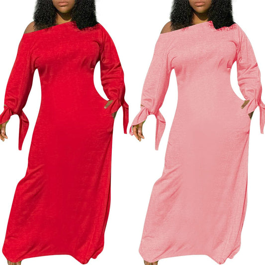 Trendy Women Clothes New Stylish Women Oblique Shoulder Long Sleeves Solid Casual Long Dress Club