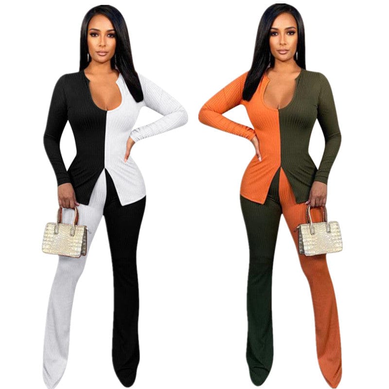 Trendy Women Clothes New Women Fashion Color Patchwork Long Sleeves Skinny Casual Outfits 2pcs Autumn