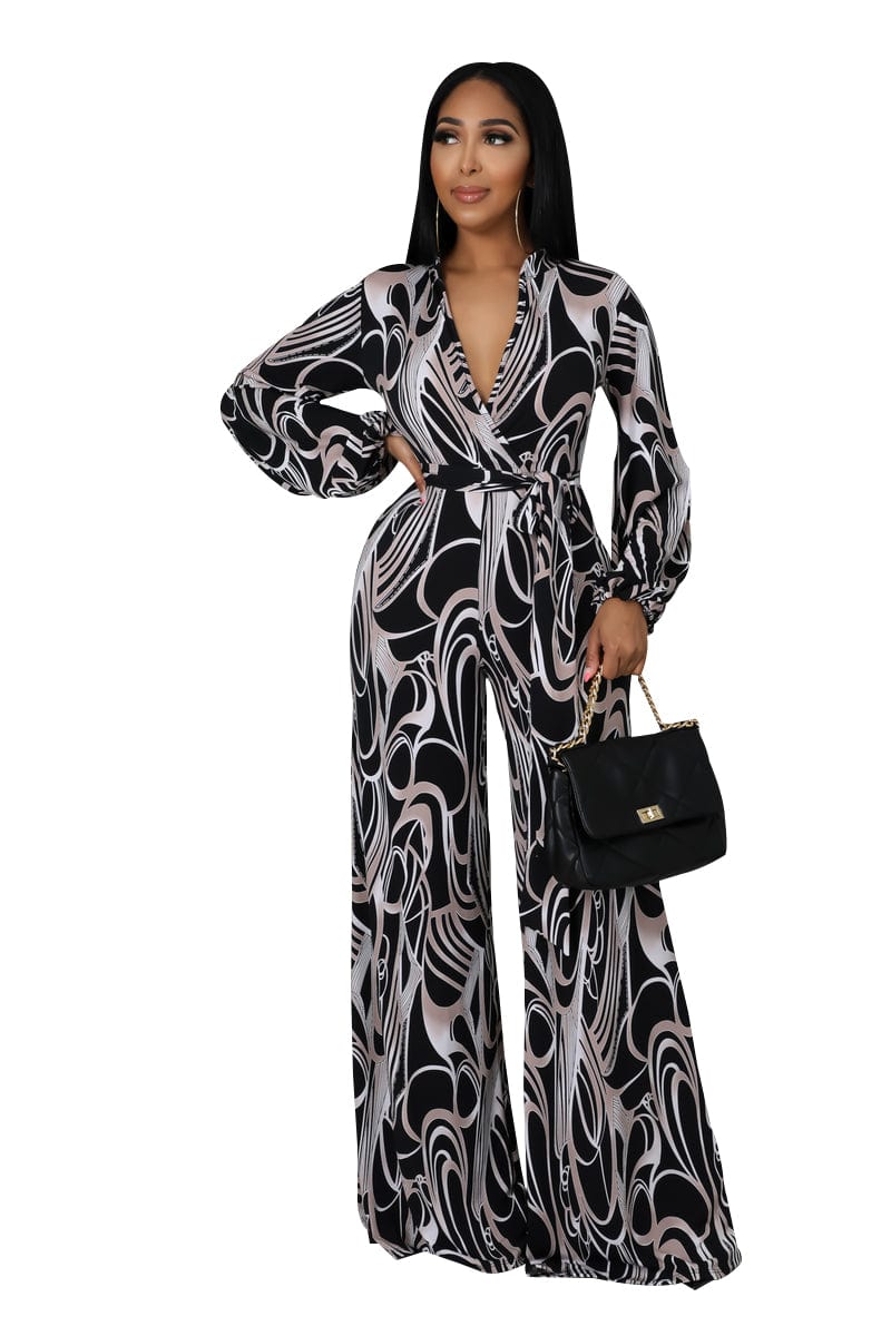 Trendy Women Clothes Sexy Club Wear Girls Clothing Casual Long Sleeve High Waist V Neck Printed Jumpsuits