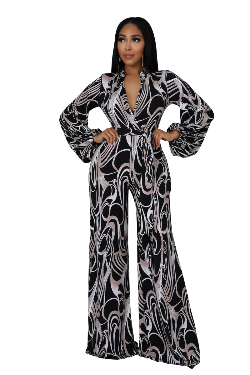Trendy Women Clothes Sexy Club Wear Girls Clothing Casual Long Sleeve High Waist V Neck Printed Jumpsuits