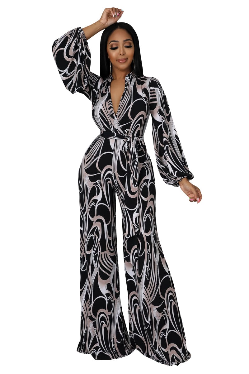 Trendy Women Clothes Sexy Club Wear Girls Clothing Casual Long Sleeve High Waist V Neck Printed Jumpsuits