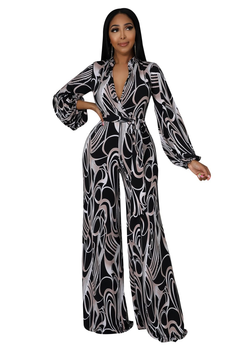 Trendy Women Clothes Sexy Club Wear Girls Clothing Casual Long Sleeve High Waist V Neck Printed Jumpsuits
