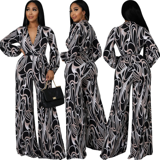 Trendy Women Clothes Sexy Club Wear Girls Clothing Casual Long Sleeve High Waist V Neck Printed Jumpsuits