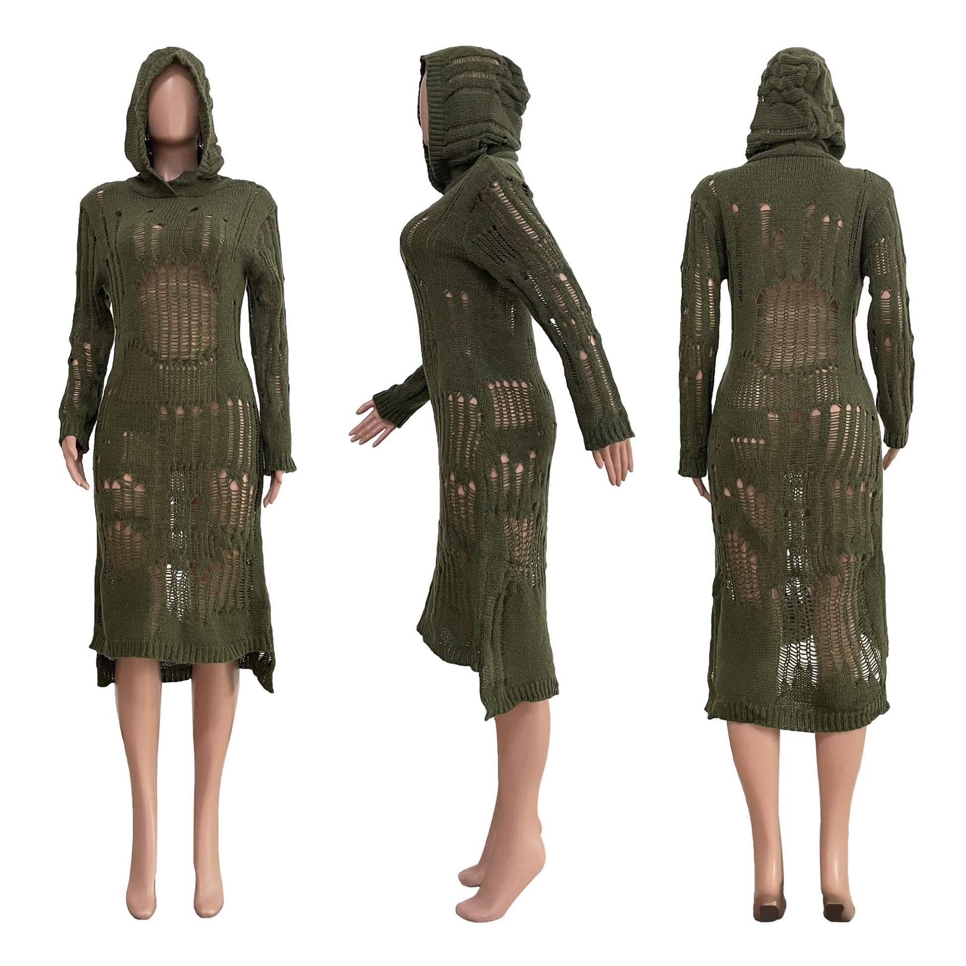 Trendy Women Clothes Sexy Hollow Out Hole Sweater Dress Fall Solid Color Hoodie Midi Women Knit Dress