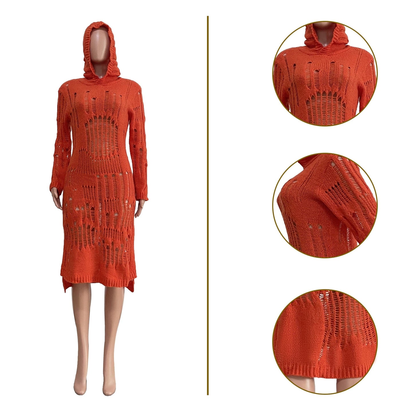 Trendy Women Clothes Sexy Hollow Out Hole Sweater Dress Fall Solid Color Hoodie Midi Women Knit Dress