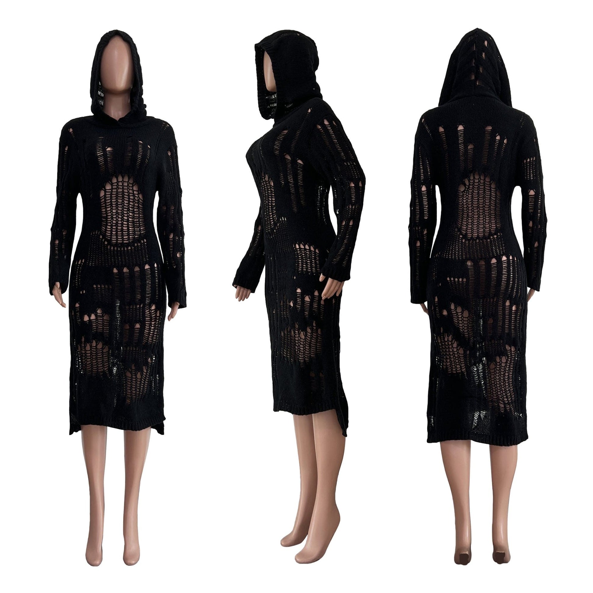 Trendy Women Clothes Sexy Hollow Out Hole Sweater Dress Fall Solid Color Hoodie Midi Women Knit Dress