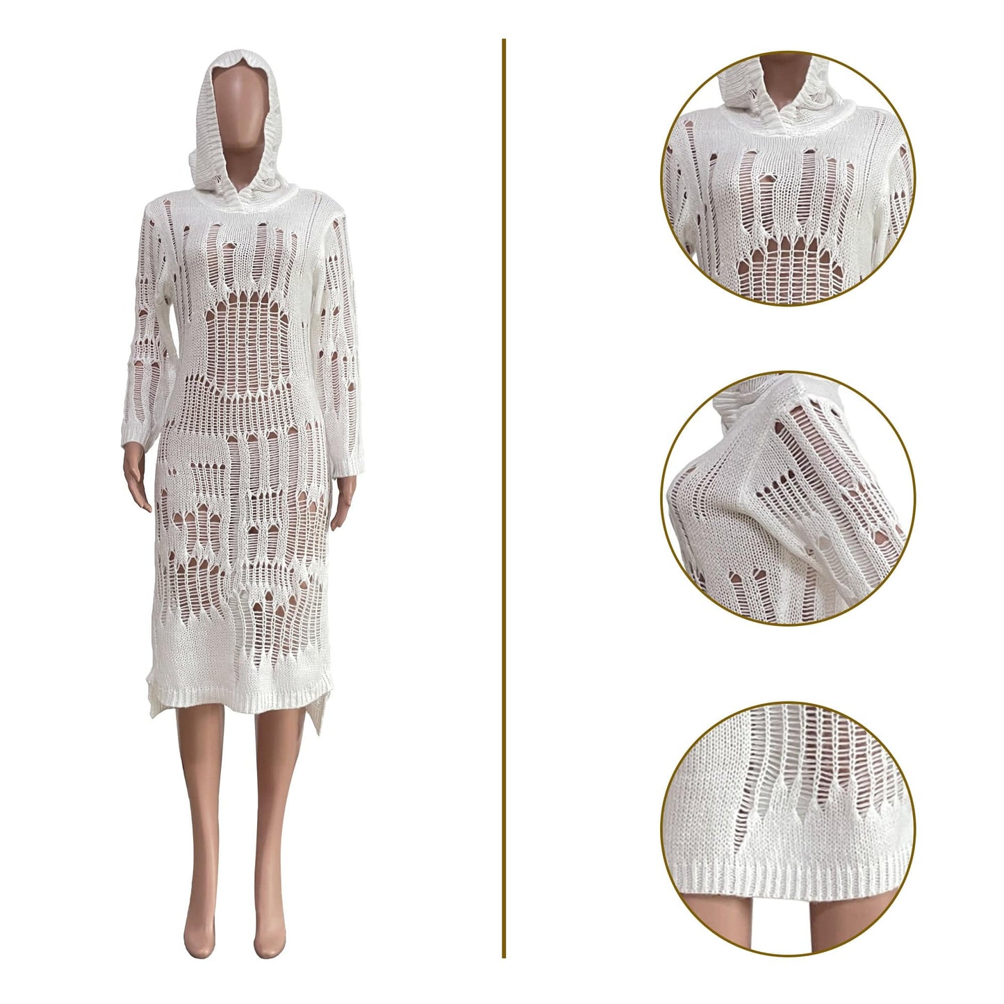 Trendy Women Clothes Sexy Hollow Out Hole Sweater Dress Fall Solid Color Hoodie Midi Women Knit Dress
