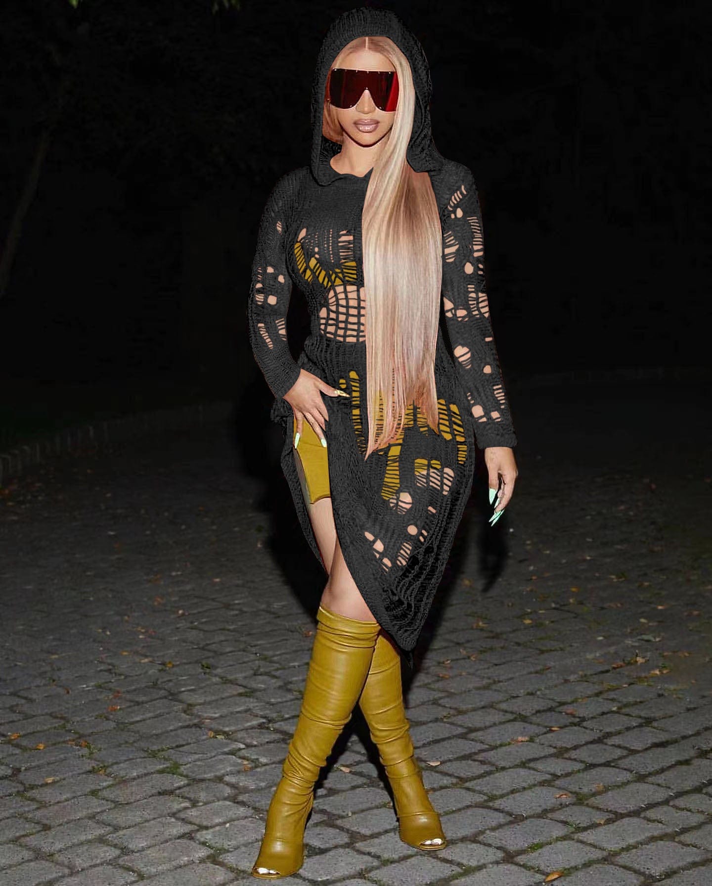 Trendy Women Clothes Sexy Hollow Out Hole Sweater Dress Fall Solid Color Hoodie Midi Women Knit Dress