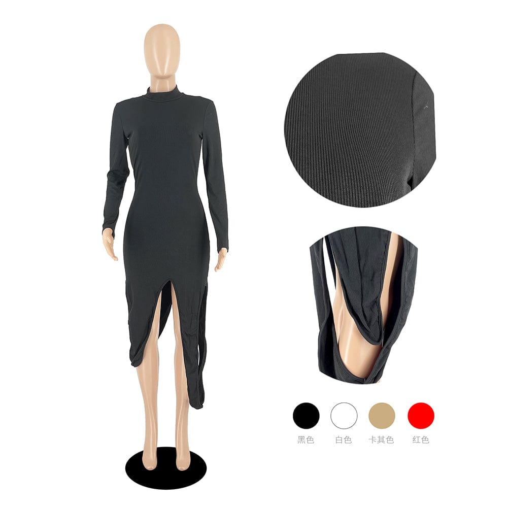 Trendy Women Clothes Sexy Solid Pit Split Joint Half A Turtleneck Irregular Dresses
