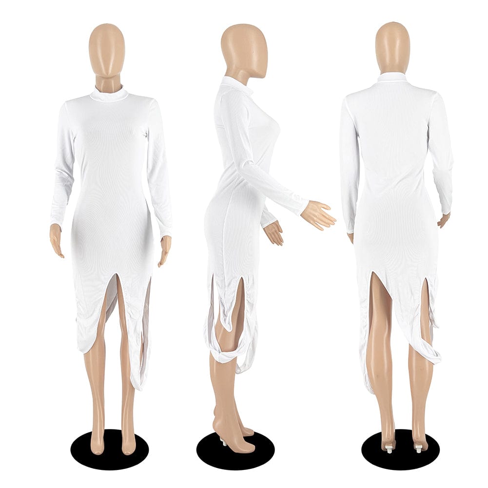 Trendy Women Clothes Sexy Solid Pit Split Joint Half A Turtleneck Irregular Dresses